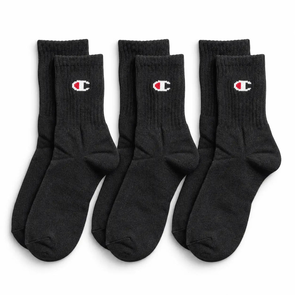 Champion 3 Pack Crew Socks - Black (White & Red Logo)